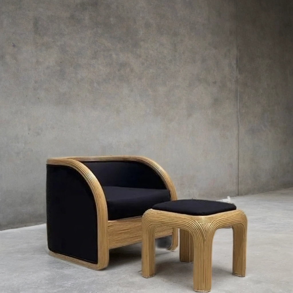Timeless 70s Rattan Armchair & Ottoman Set