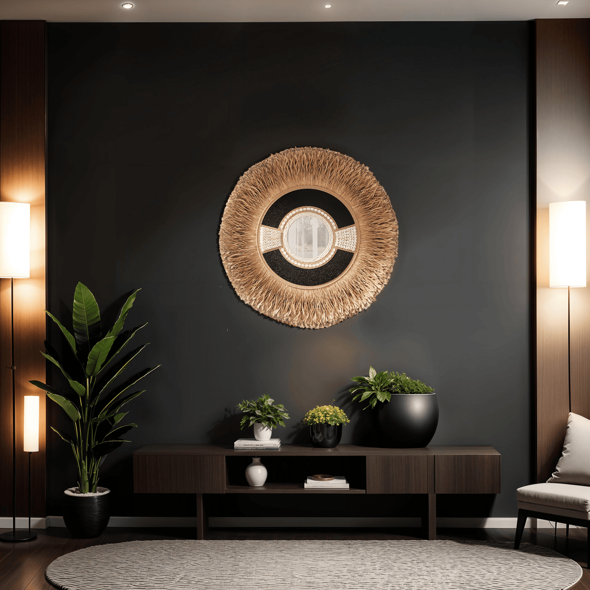 Unique Large Grass Shell Black Bead Circle Mirror - Mouana