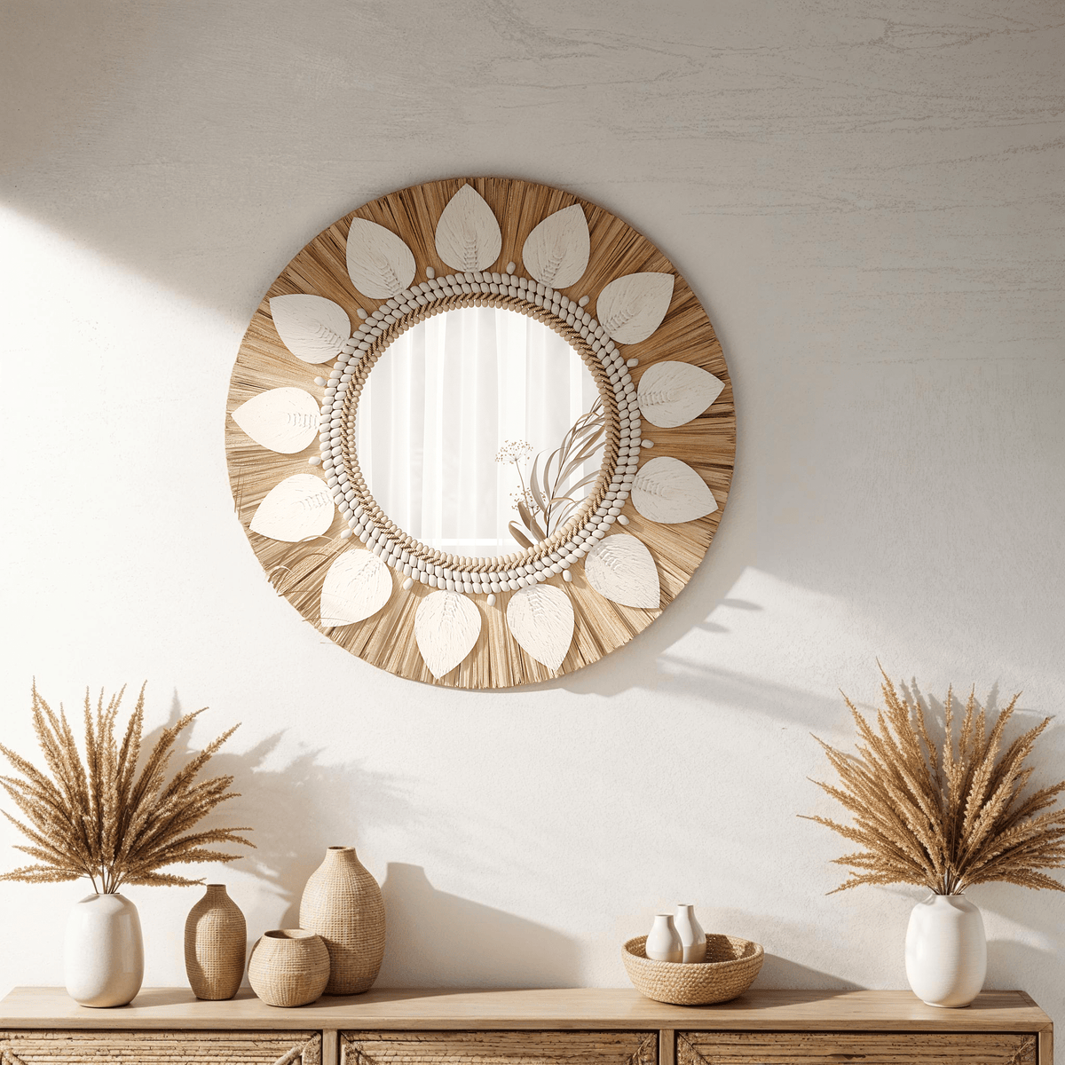 Dauna Boho-Chic Round Rattan Mirror