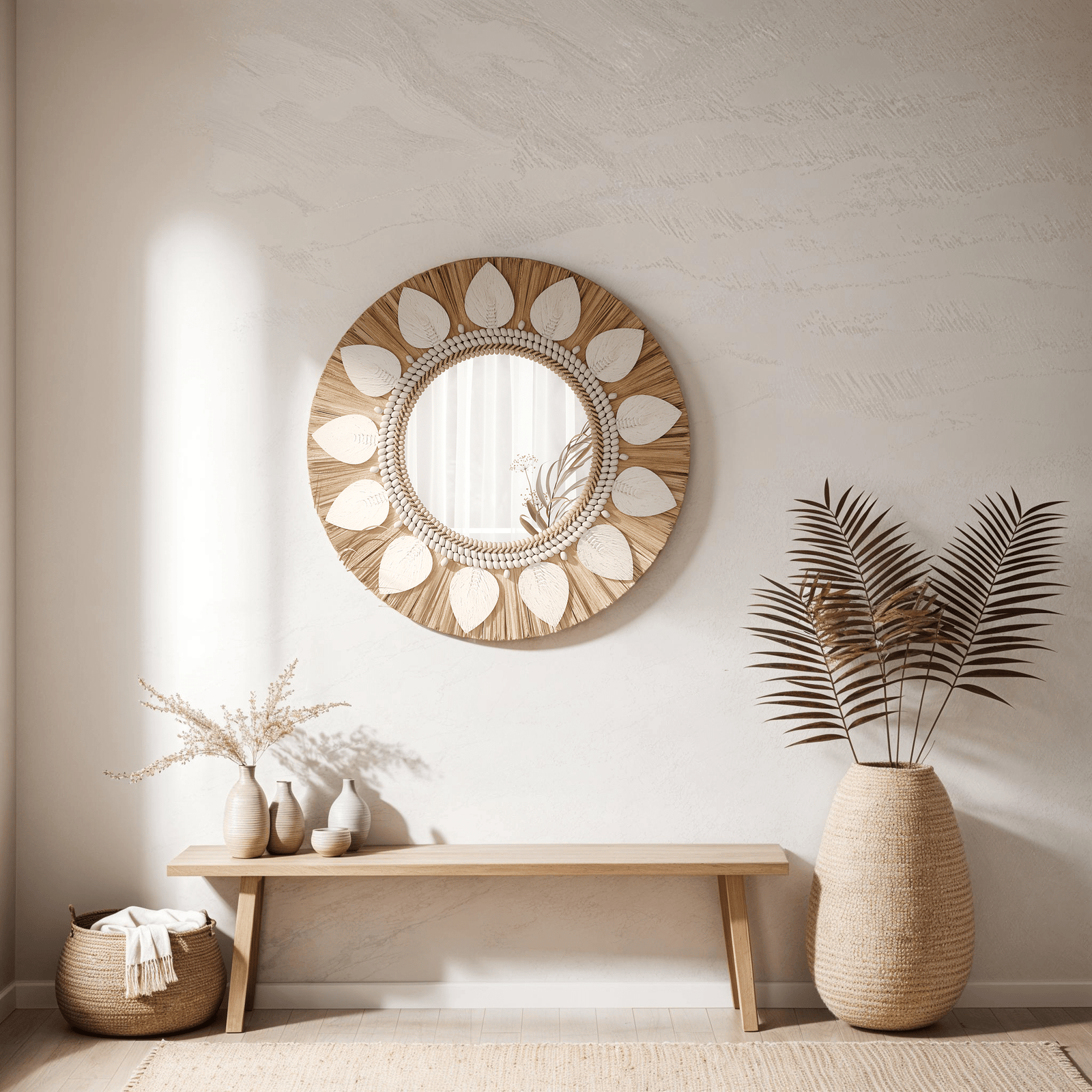 Dauna Boho-Chic Round Rattan Mirror