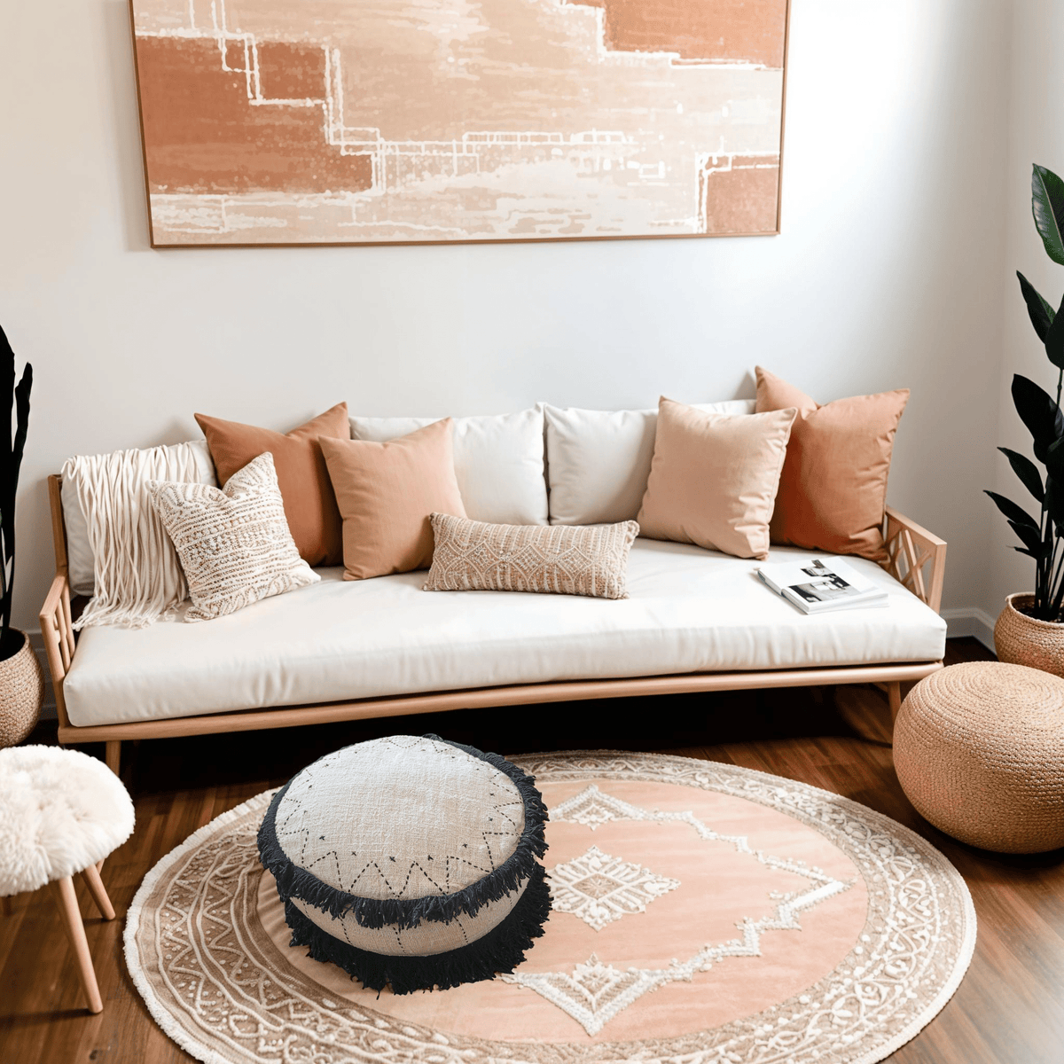 Boho Modern Japandi Design Pouf - Soft Fabric