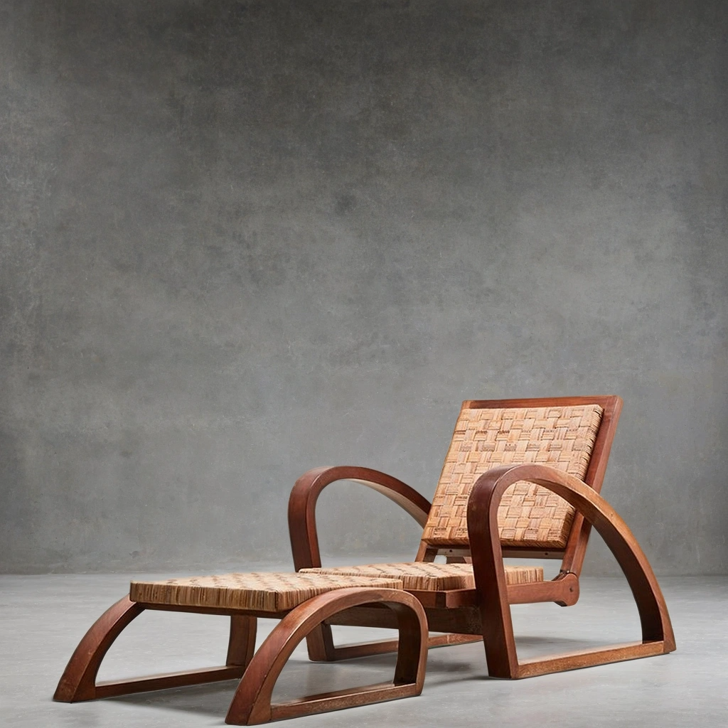 F. Jourdain 1920 Inspired Deck Chair &amp; Ottoman – Sculptural Wood &amp; Woven Rattan