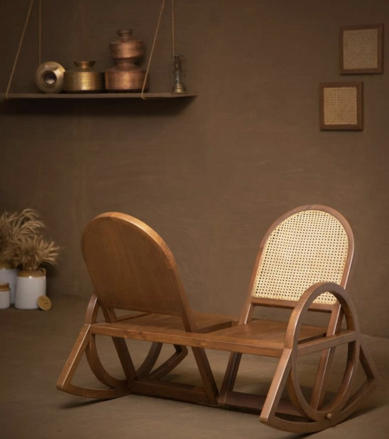 Teak Cane Rocking Lover Chair