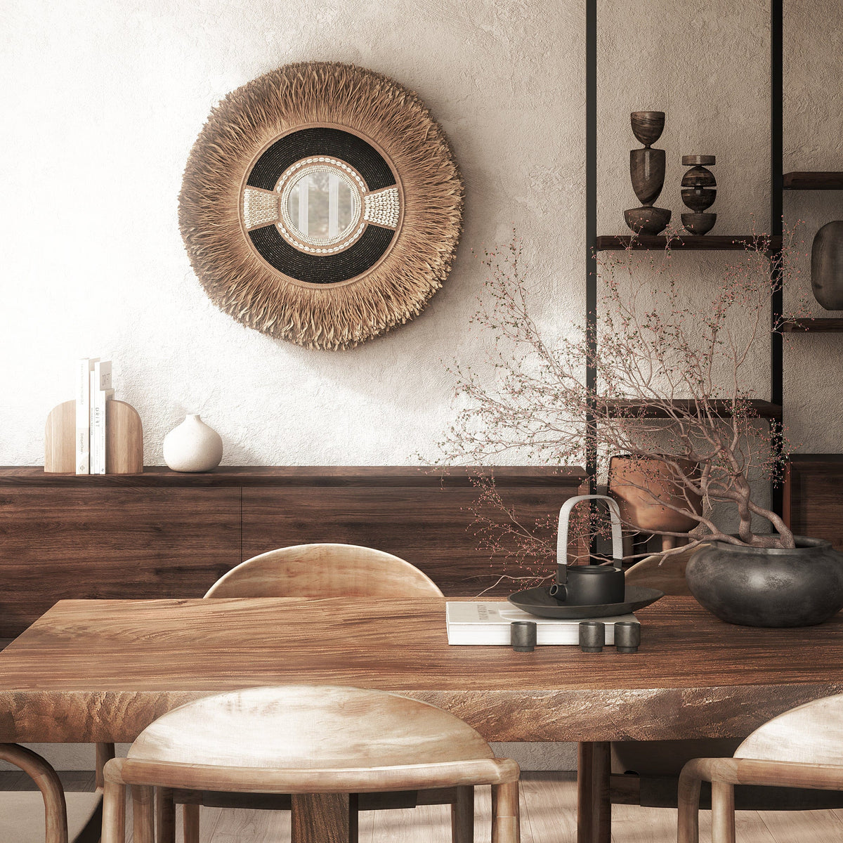 Unique Large Grass Shell Black Bead Circle Mirror - Mouana