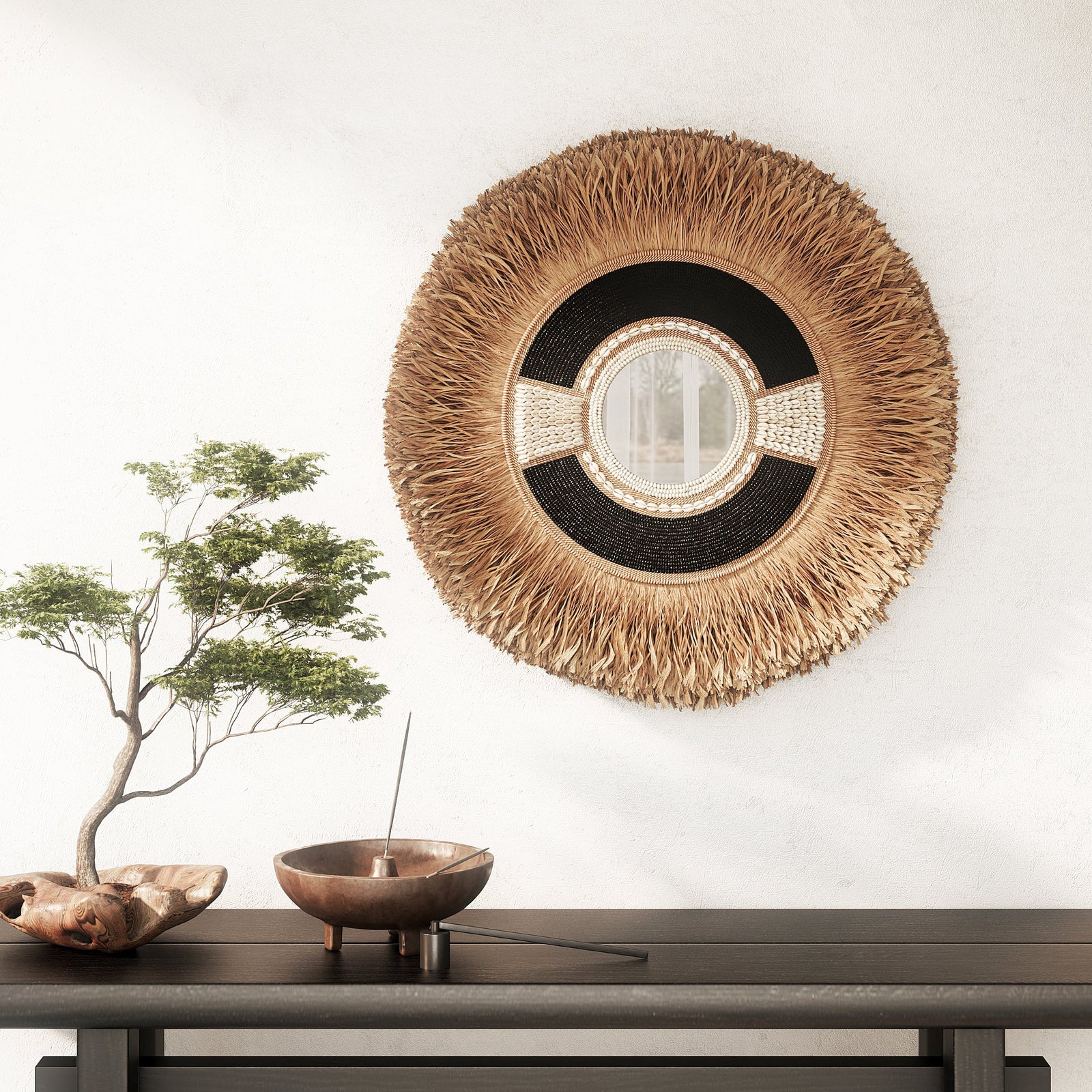 Unique Large Grass Shell Black Bead Circle Mirror - Mouana