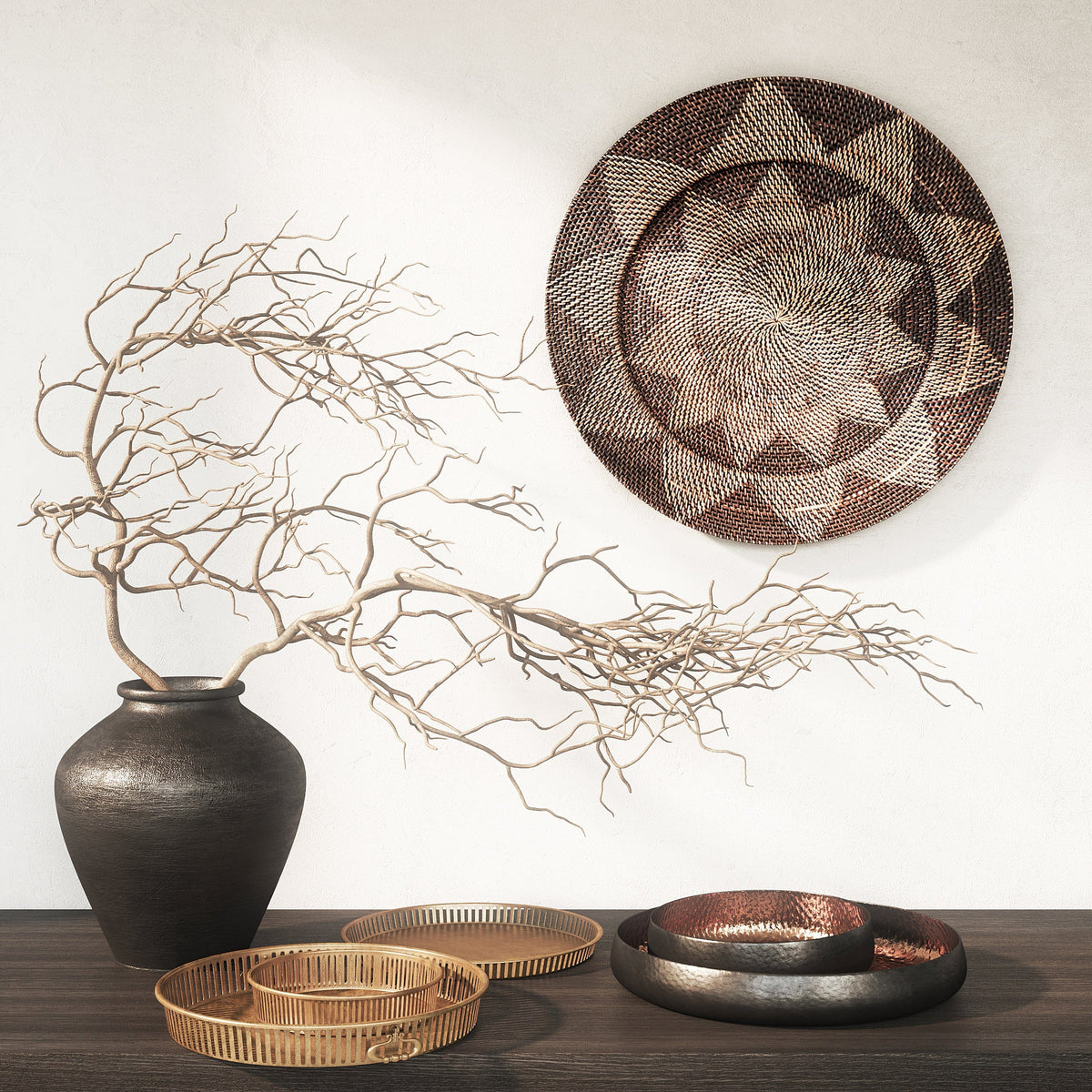 Large Natural Boho Chic &amp; Japandi Black Wall Plate - Fia
