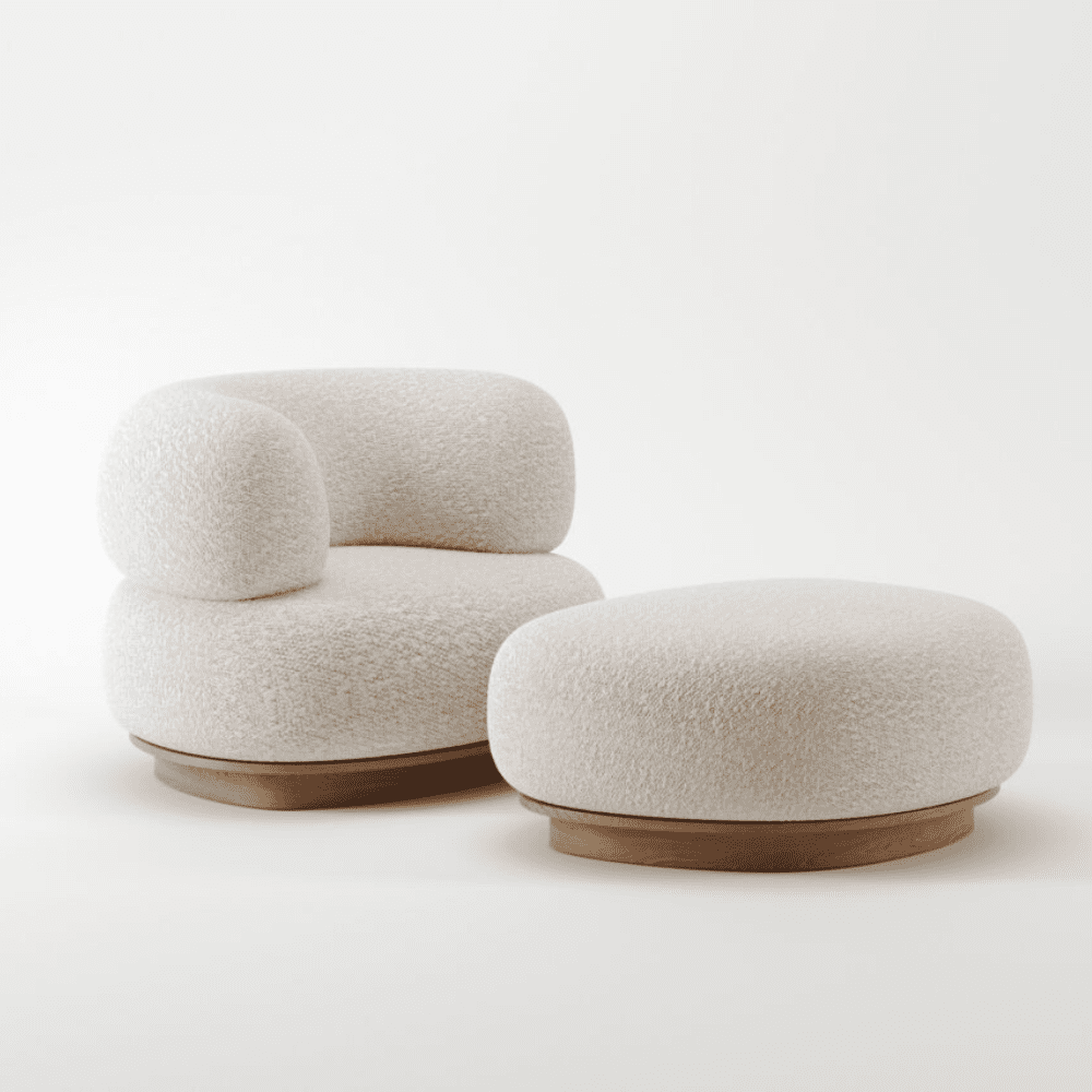 Round Dreamy Bouclé Teak Armchair