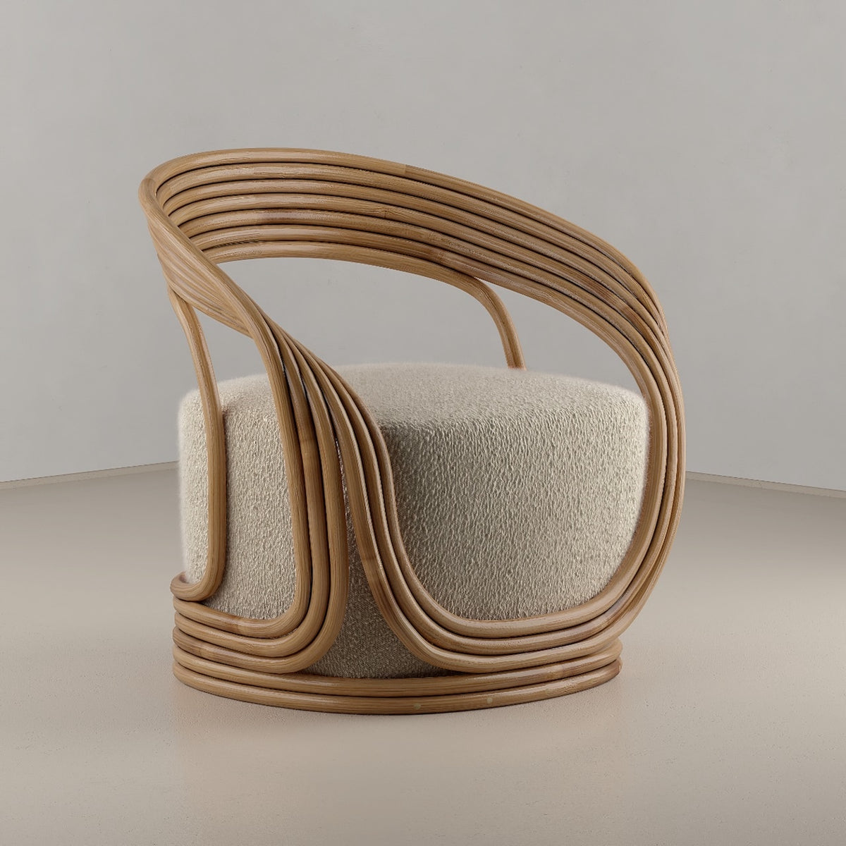 Eva Rattan Armchair with Bouclé Upholstery
