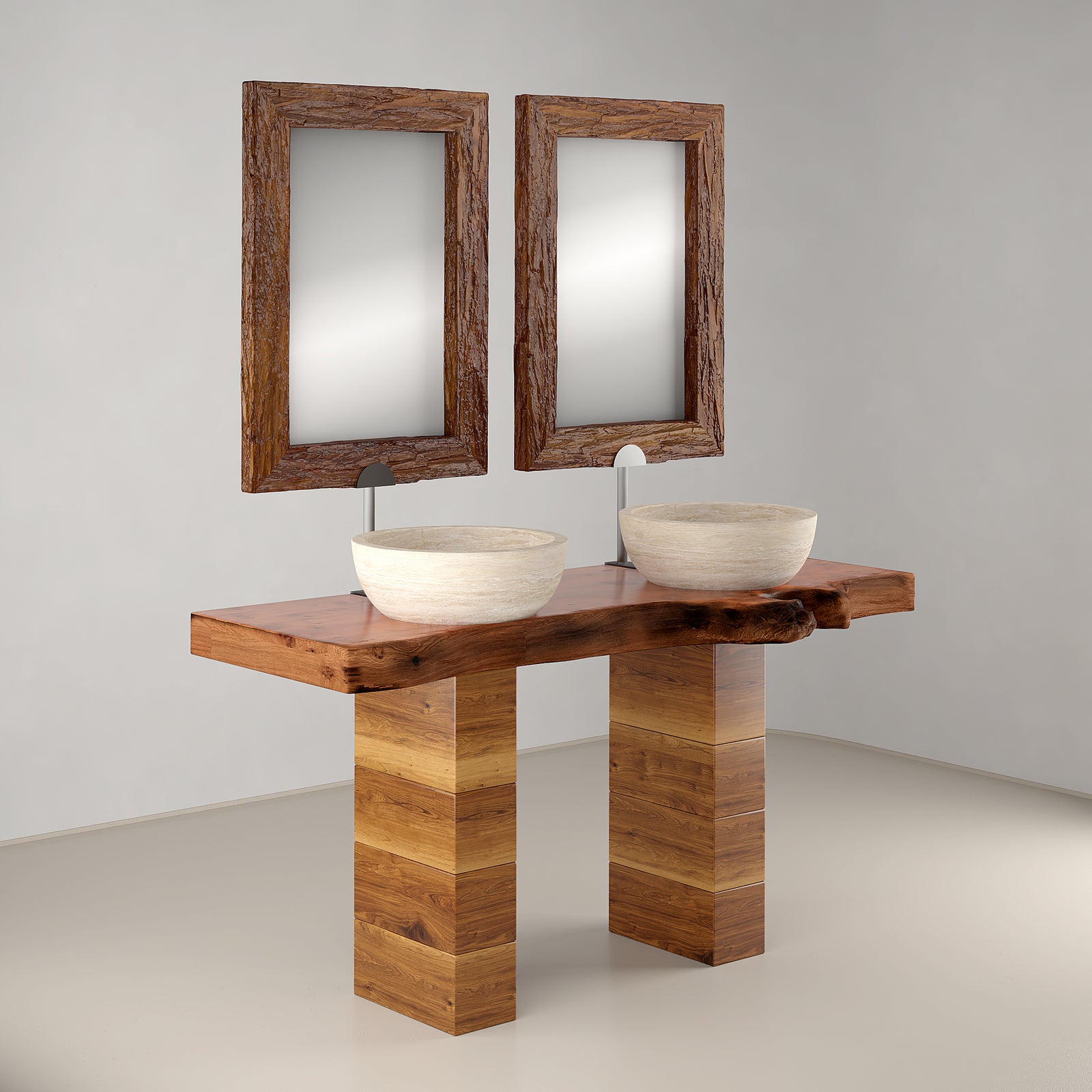 Live Edge Countertop with Double Stone Sink with Rustic Teak Mirrors